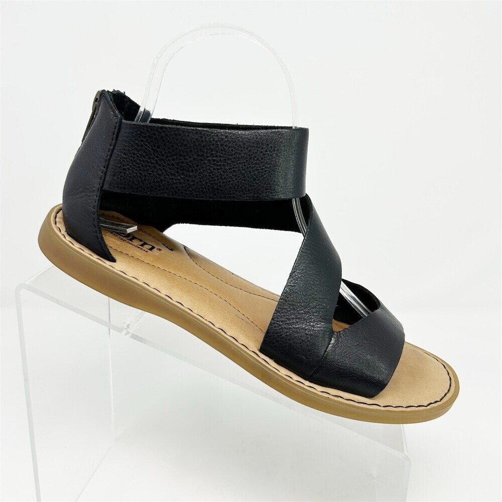 Born Irie Womens Strappy Ankle Strap Flat Sandals Black Comfort Back Zipper 7